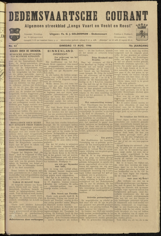 Bekijk detail van "Dedemsvaartsche Courant 13/8/1946 pagina 1 van 4<br xmlns:atlantis="urn:atlantis" />"