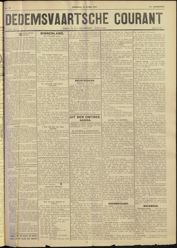 Bekijk detail van "Dedemsvaartsche Courant 22/4/1947 pagina 1 van 4<br xmlns:atlantis="urn:atlantis" />"
