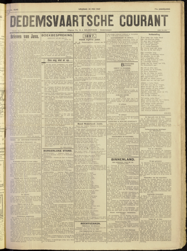 Bekijk detail van "Dedemsvaartsche Courant 30/5/1947 pagina 1 van 4<br xmlns:atlantis="urn:atlantis" />"