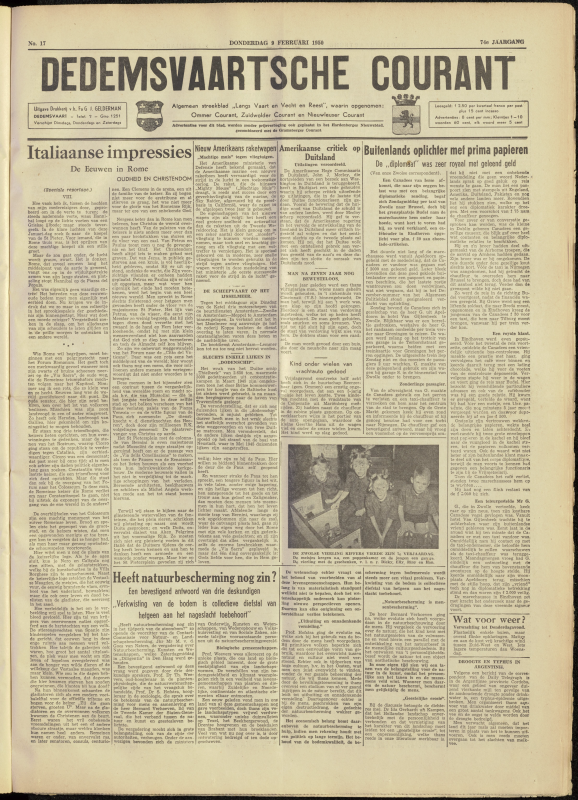 Bekijk detail van "Dedemsvaartsche Courant 9/2/1950 pagina 1 van 4<br xmlns:atlantis="urn:atlantis" />"