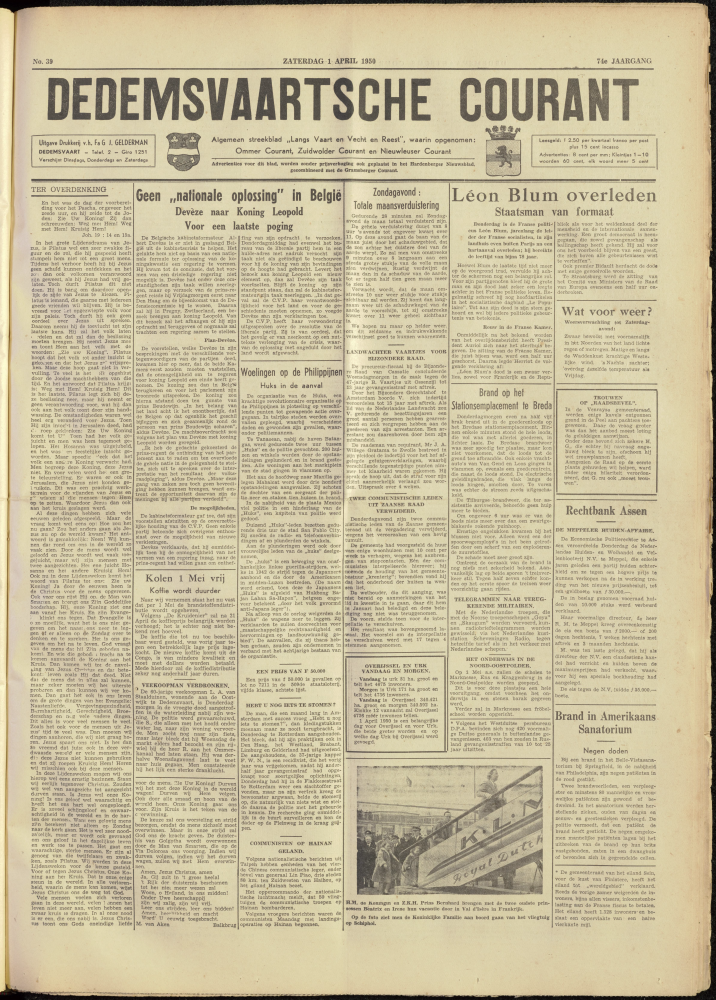 Bekijk detail van "Dedemsvaartsche Courant 1/4/1950 pagina 1 <span class="highlight">van</span> 8<br xmlns:atlantis="urn:atlantis" />"