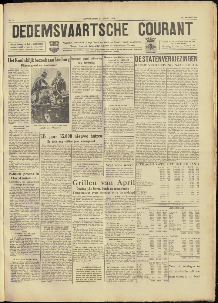 Bekijk detail van "Dedemsvaartsche Courant 27/4/1950 pagina 1 van 6<br xmlns:atlantis="urn:atlantis" />"