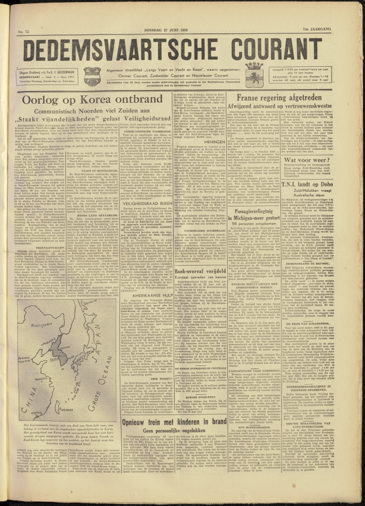 Bekijk detail van "Dedemsvaartsche Courant 27/6/1950 pagina 1 van 4<br xmlns:atlantis="urn:atlantis" />"
