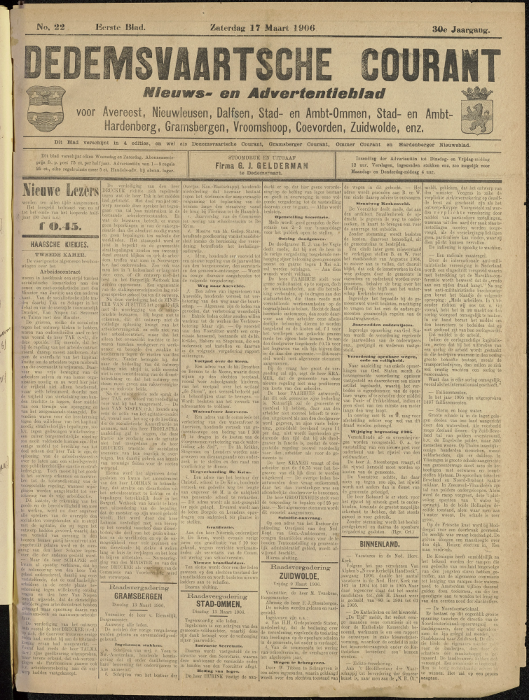 Bekijk detail van "Dedemsvaartsche Courant 17/3/1906 pagina 1 van 6<br xmlns:atlantis="urn:atlantis" />"