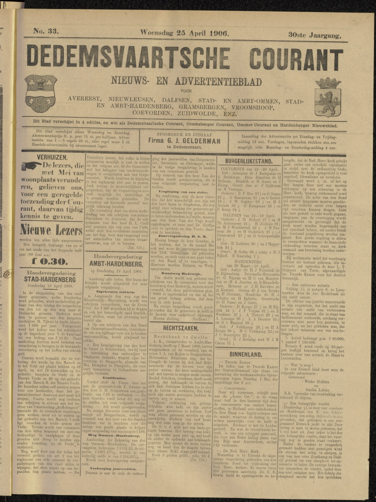 Bekijk detail van "Dedemsvaartsche Courant 25/4/1906 pagina 1 van 4<br xmlns:atlantis="urn:atlantis" />"