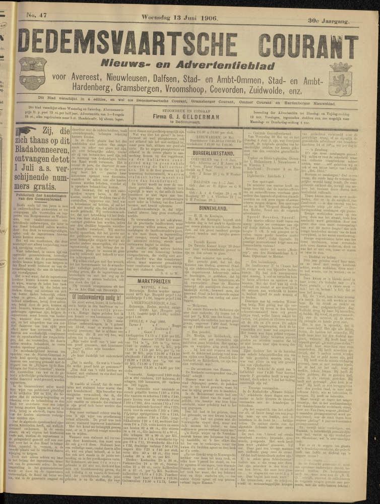 Bekijk detail van "Dedemsvaartsche Courant 13/6/1906 pagina 1 van 4<br xmlns:atlantis="urn:atlantis" />"