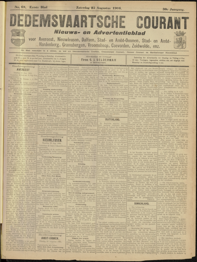 Bekijk detail van "Dedemsvaartsche Courant 25/8/1906 pagina 1 van 6<br xmlns:atlantis="urn:atlantis" />"