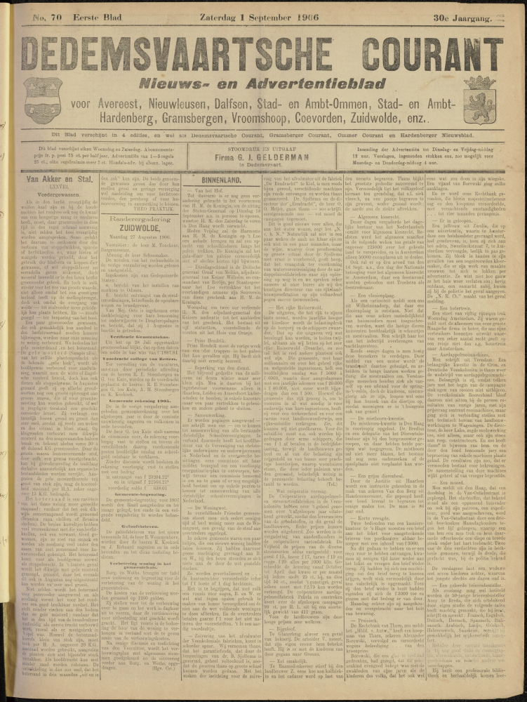 Bekijk detail van "Dedemsvaartsche Courant 1/9/1906 pagina 1 van 6<br xmlns:atlantis="urn:atlantis" />"