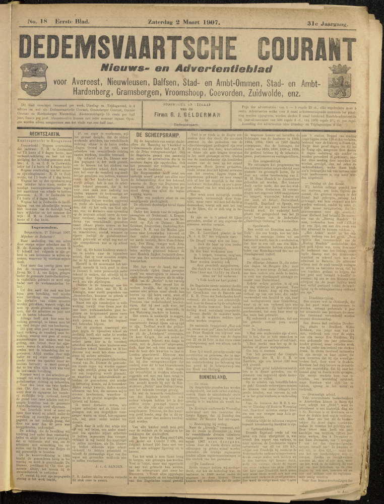 Bekijk detail van "Dedemsvaartsche Courant 2/3/1907 pagina 1 van 10<br xmlns:atlantis="urn:atlantis" />"