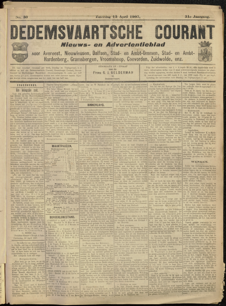 Bekijk detail van "Dedemsvaartsche Courant 13/4/1907 pagina 1 van 4<br xmlns:atlantis="urn:atlantis" />"
