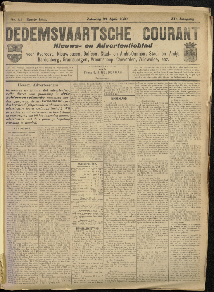 Bekijk detail van "Dedemsvaartsche Courant 27/4/1907 pagina 1 van 6<br xmlns:atlantis="urn:atlantis" />"