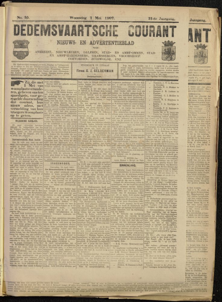 Bekijk detail van "Dedemsvaartsche Courant 1/5/1907 pagina 1 van 4<br xmlns:atlantis="urn:atlantis" />"