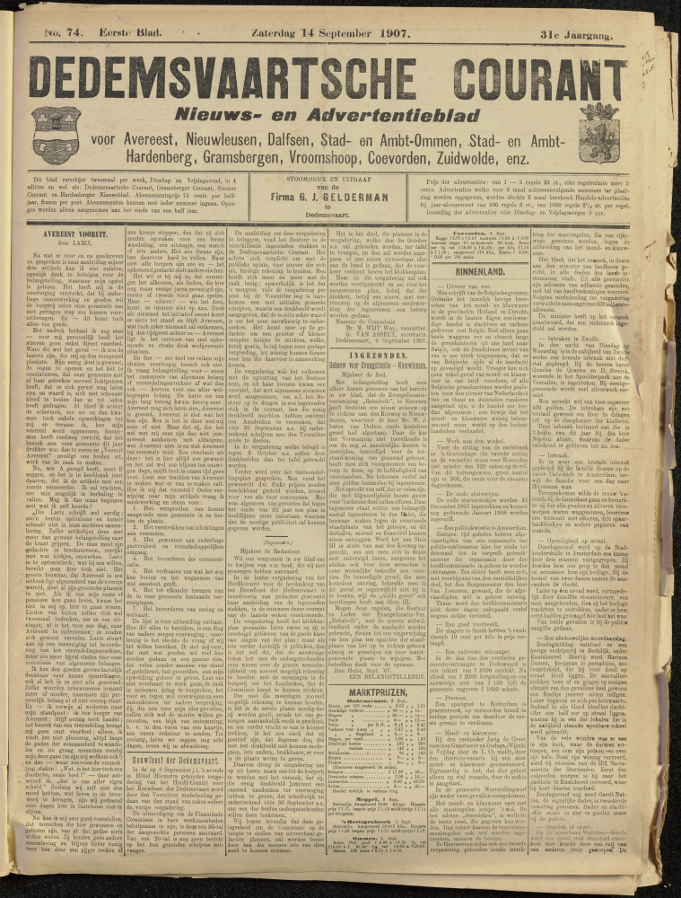 Bekijk detail van "Dedemsvaartsche Courant 14/9/1907 pagina 1 van 6<br xmlns:atlantis="urn:atlantis" />"