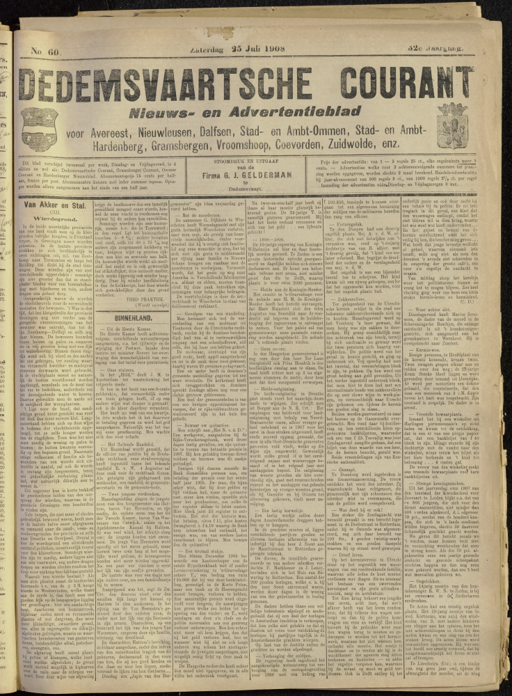 Bekijk detail van "Dedemsvaartsche Courant 25/7/1908 pagina 1 van 4<br xmlns:atlantis="urn:atlantis" />"