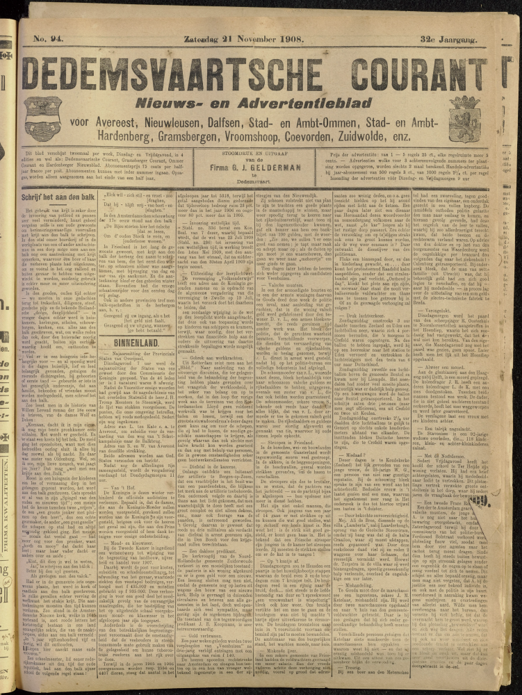 Bekijk detail van "Dedemsvaartsche Courant 21/11/1908 pagina 1 van 6<br xmlns:atlantis="urn:atlantis" />"