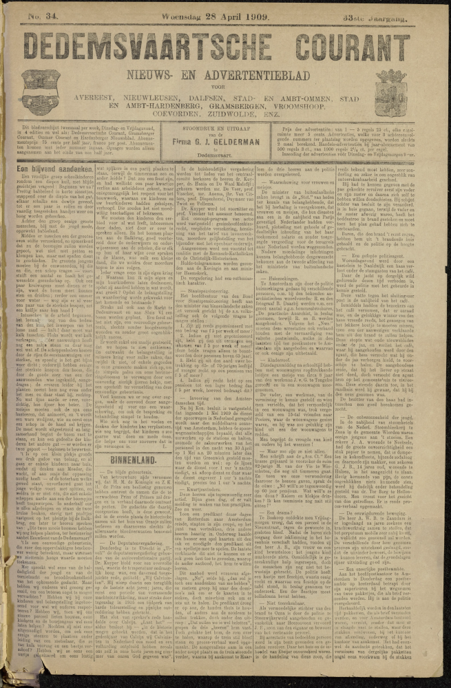 Bekijk detail van "Dedemsvaartsche Courant 28/4/1909 pagina 1 van 6<br xmlns:atlantis="urn:atlantis" />"