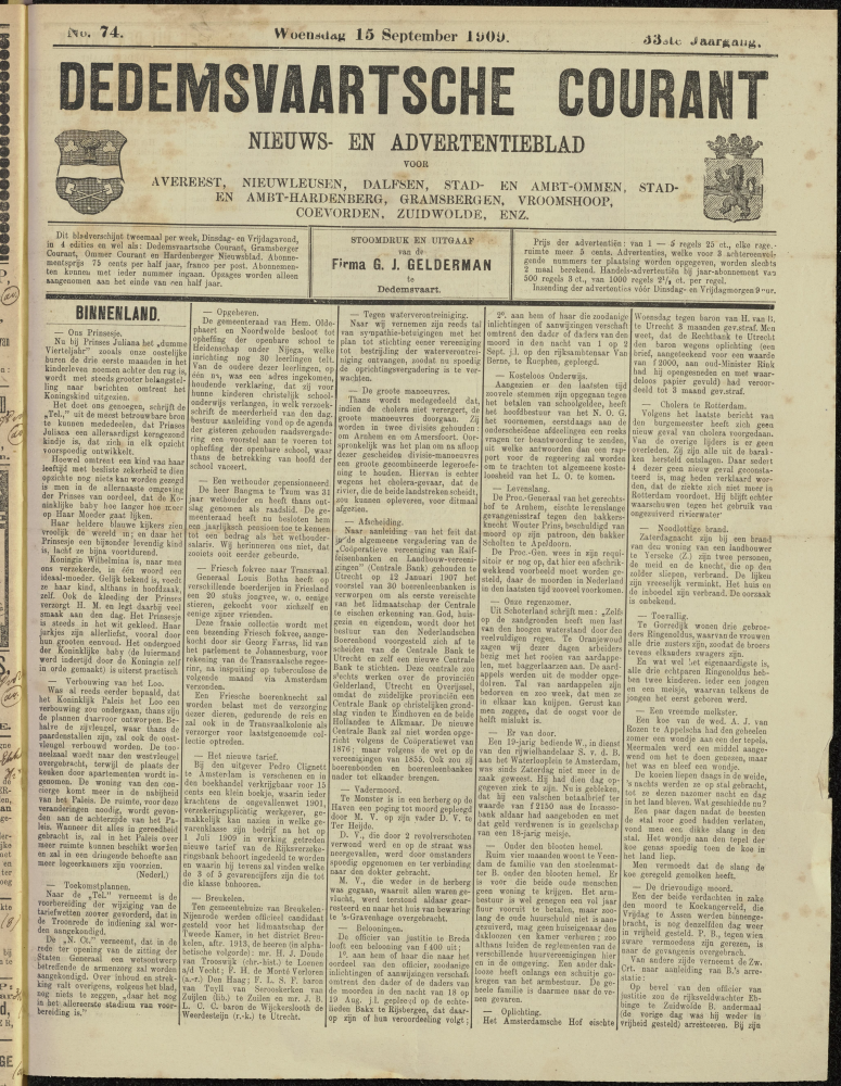 Bekijk detail van "Dedemsvaartsche Courant 15/9/1909 pagina 1 van 4<br xmlns:atlantis="urn:atlantis" />"