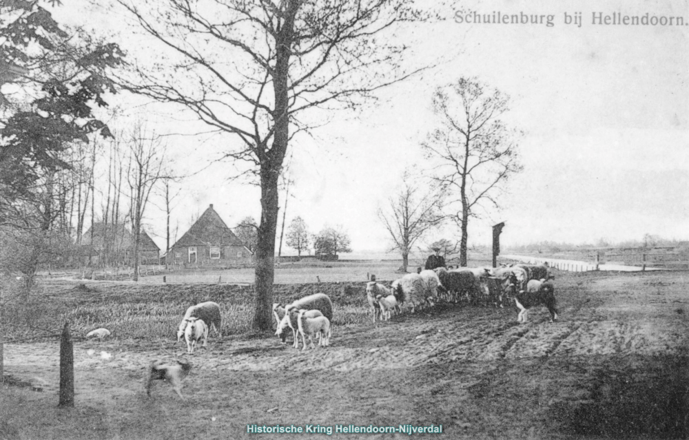 Bekijk detail van "Een <span class="highlight">schaapherder</span> met zijn kudde en twee honden bij de Schuilenburgerbrug"