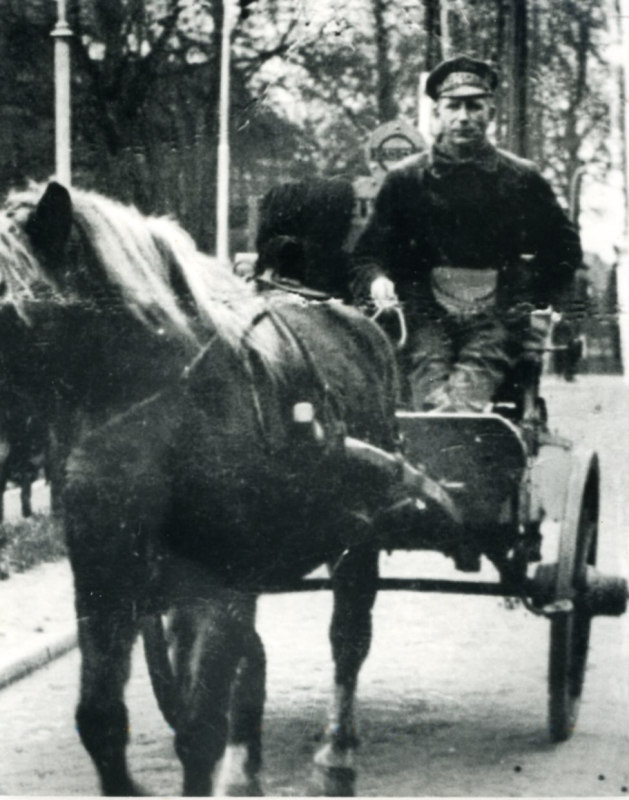 Bekijk detail van "A.J. Wassink op zijn petroleumkar, getrokken door een paard"