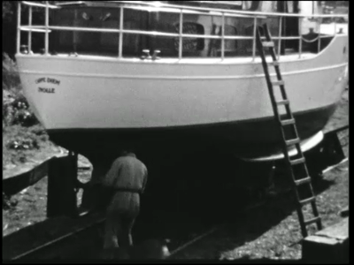 Bekijk detail van "Een film rond scheepswerf Van der Velden, met o.a. beelden van het schip de 'Eugenio'  te water, een reparatie aan de losse motor  van de 'Carpe Diem' (De Vries-Lentsch), het verlengen en verbreden van een 'bak' voor een kraanponton van 4 bij 2 meter voor de Verenigde Zandzuigers, de werf van Boot te Alphen a/d Rijn, de reparatie van (water-)schade aan de 'Theodi', opgelopen na een aanvaring, een sleepbootje, werkzaamheden in de haven aan de zeilboot '<span class="highlight">Bakhuis</span>', een 'bak' op de helling, de werf van Peters te Dedemsvaart, de bouw en tewaterlating van de 'Europoort' bij Hoek van Holland, en het binnenvaren van het schip, laswerkzaamheden, en  de 'RP47', een boot van de Rijkspolitie te water., 1953-1960"