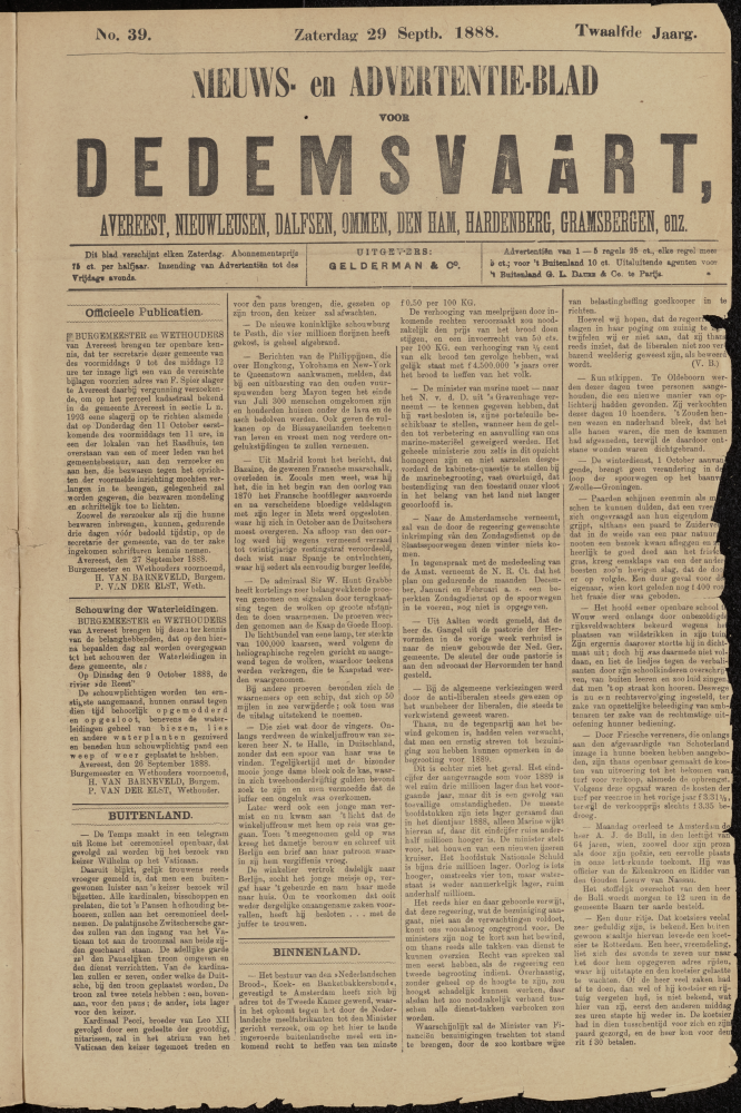 Bekijk detail van "Dedemsvaartsche Courant 29/9/1888 pagina 1 van 4<br xmlns:atlantis="urn:atlantis" />"