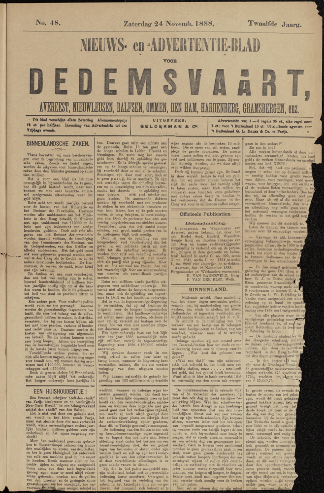 Bekijk detail van "Dedemsvaartsche Courant 24/11/1888 pagina 1 van 4<br xmlns:atlantis="urn:atlantis" />"