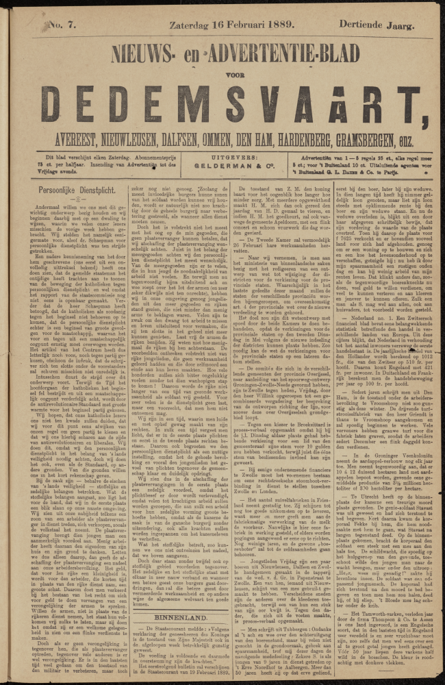 Bekijk detail van "Dedemsvaartsche Courant 16/2/1889 pagina 1 van 4<br xmlns:atlantis="urn:atlantis" />"