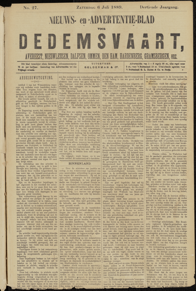 Bekijk detail van "Dedemsvaartsche Courant 6/7/1889 pagina 1 van 4<br xmlns:atlantis="urn:atlantis" />"