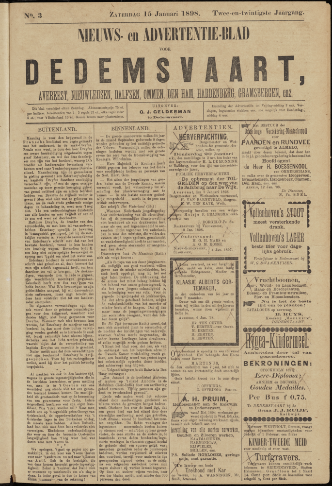Bekijk detail van "Dedemsvaartsche Courant 15/1/1898 pagina 1 van 4<br xmlns:atlantis="urn:atlantis" />"