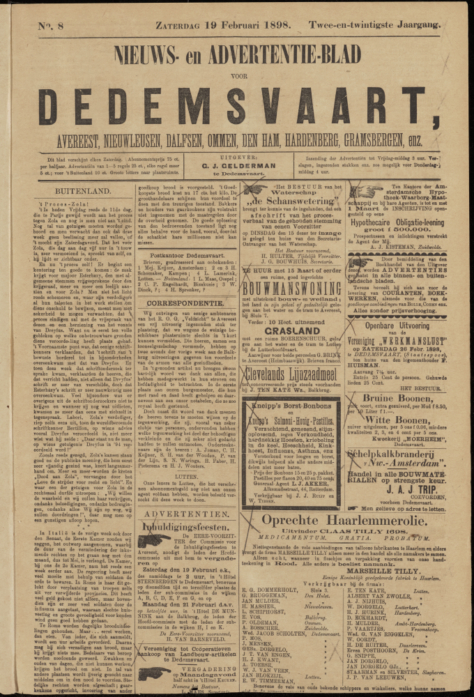 Bekijk detail van "Dedemsvaartsche Courant 19/2/1898 pagina 1 van 4<br xmlns:atlantis="urn:atlantis" />"