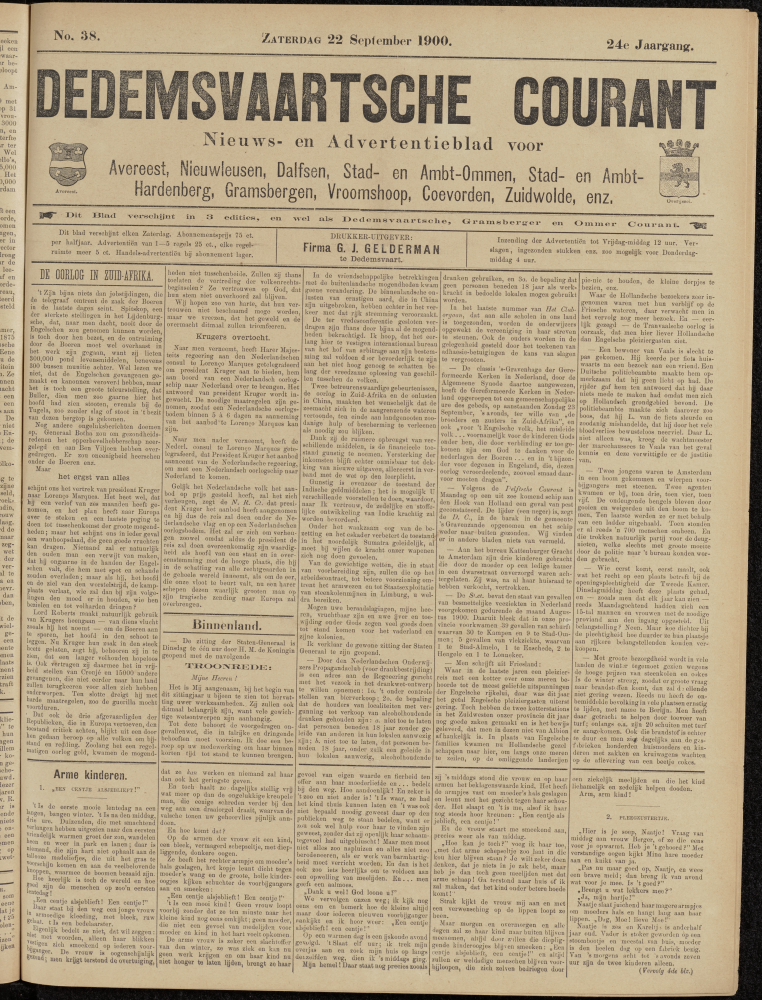 Bekijk detail van "Dedemsvaartsche Courant 22/9/1900 pagina 1 van 4<br xmlns:atlantis="urn:atlantis" />"