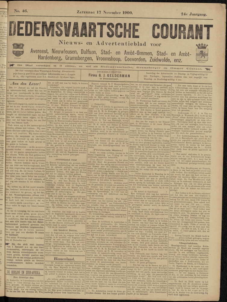 Bekijk detail van "Dedemsvaartsche Courant 17/11/1900 pagina 1 van 6<br xmlns:atlantis="urn:atlantis" />"