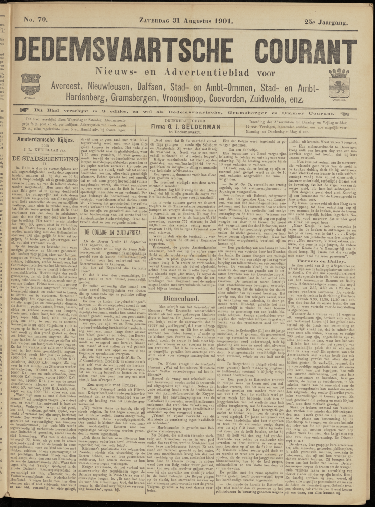 Bekijk detail van "Dedemsvaartsche Courant 31/8/1901 pagina 1 van 4<br xmlns:atlantis="urn:atlantis" />"