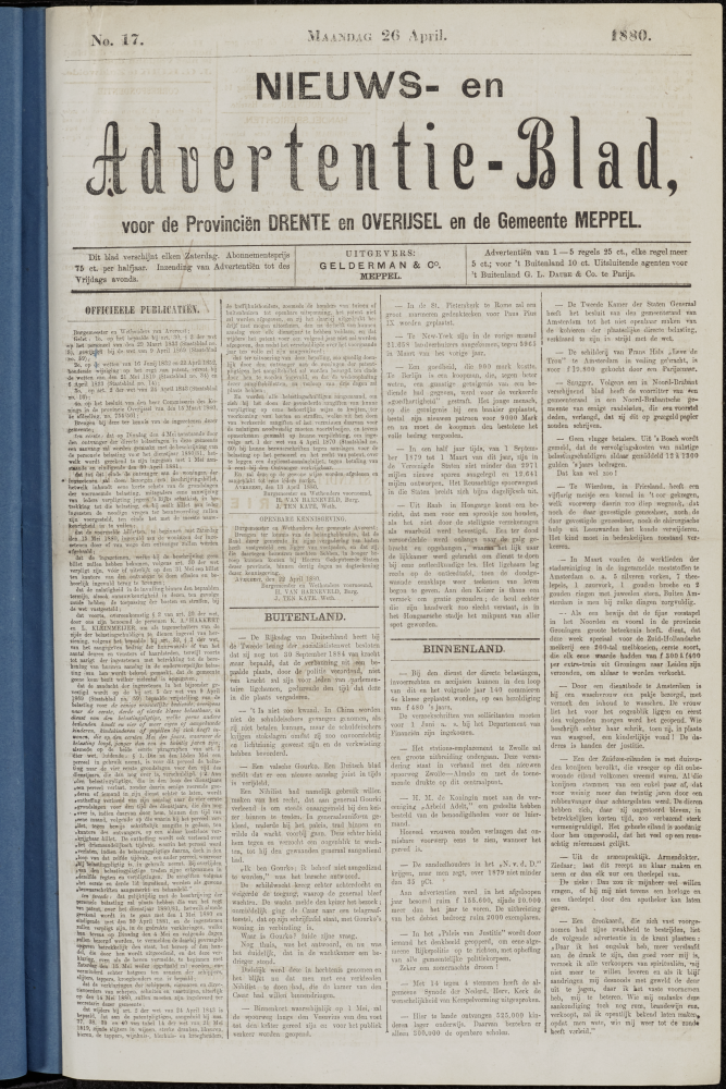 Bekijk detail van "Dedemsvaartsche Courant 26/4/1880 pagina 1 van 4<br xmlns:atlantis="urn:atlantis" />"