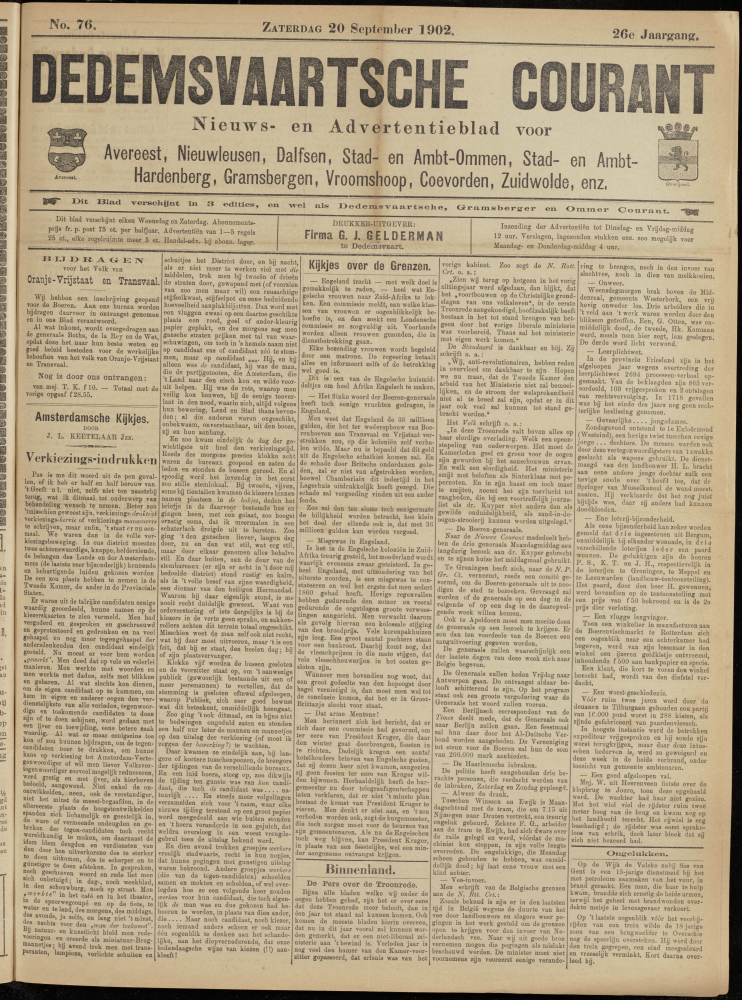 Bekijk detail van "Dedemsvaartsche Courant 20/9/1902 pagina 1 van 4<br xmlns:atlantis="urn:atlantis" />"