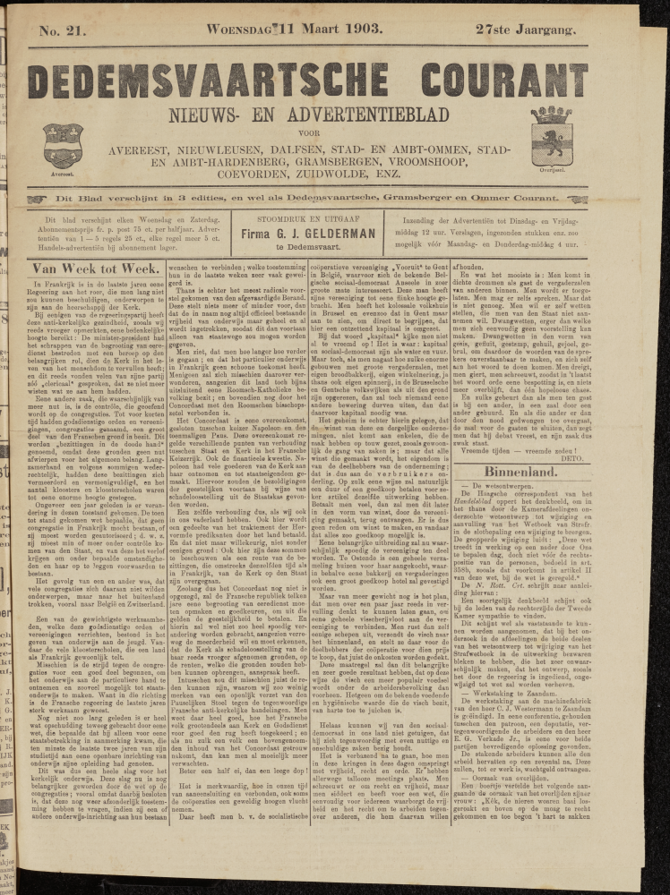 Bekijk detail van "Dedemsvaartsche Courant 11/3/1903 pagina 1 van 4<br xmlns:atlantis="urn:atlantis" />"
