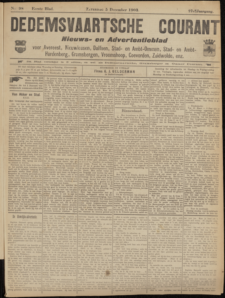 Bekijk detail van "Dedemsvaartsche Courant 5/12/1903 pagina 1 van 6<br xmlns:atlantis="urn:atlantis" />"