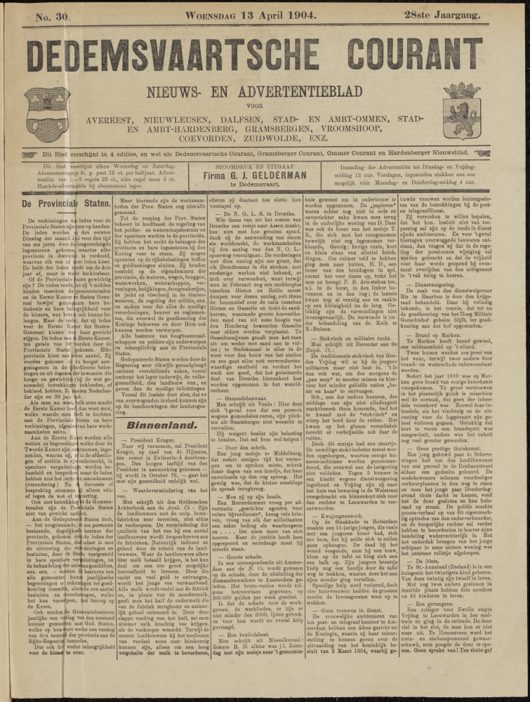 Bekijk detail van "Dedemsvaartsche Courant 13/4/1904 pagina 1 van 4<br xmlns:atlantis="urn:atlantis" />"