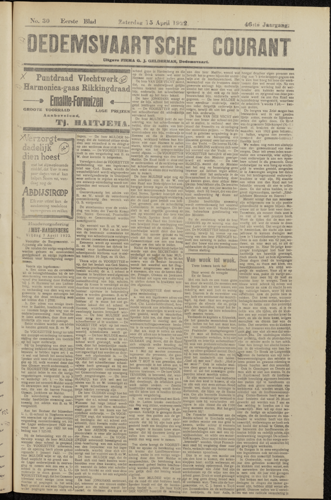 Bekijk detail van "Dedemsvaartsche Courant 15/4/1922 pagina 1 van 8<br xmlns:atlantis="urn:atlantis" />"