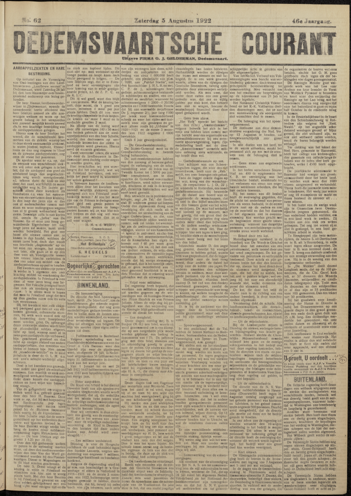 Bekijk detail van "Dedemsvaartsche Courant 5/8/1922 pagina 1 van 4<br xmlns:atlantis="urn:atlantis" />"