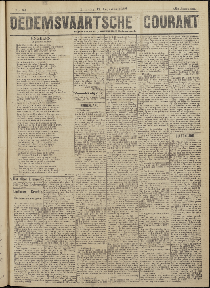 Bekijk detail van "Dedemsvaartsche Courant 12/8/1922 pagina 1 van 4<br xmlns:atlantis="urn:atlantis" />"