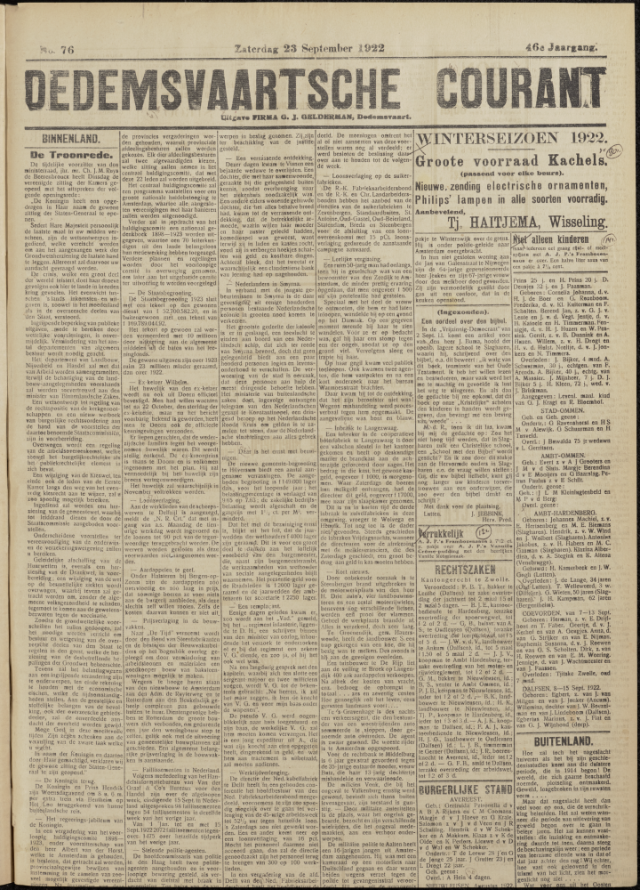 Bekijk detail van "Dedemsvaartsche Courant 23/9/1922 pagina 1 <span class="highlight">van</span> 4<br xmlns:atlantis="urn:atlantis" />"