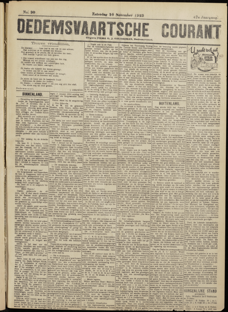 Bekijk detail van "Dedemsvaartsche Courant 10/11/1923 pagina 1 van 6<br xmlns:atlantis="urn:atlantis" />"