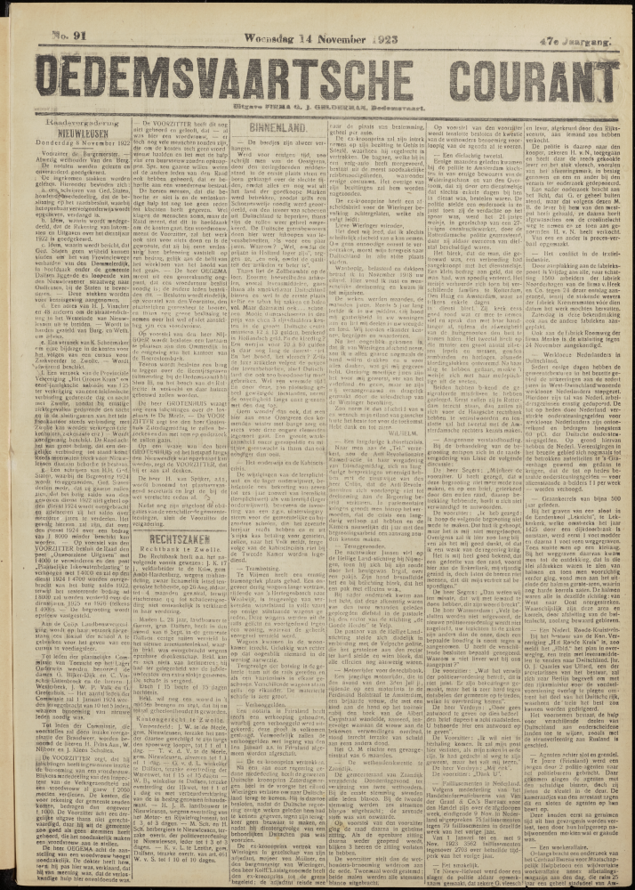 Bekijk detail van "Dedemsvaartsche Courant 14/11/1923 pagina 1 van 4<br xmlns:atlantis="urn:atlantis" />"