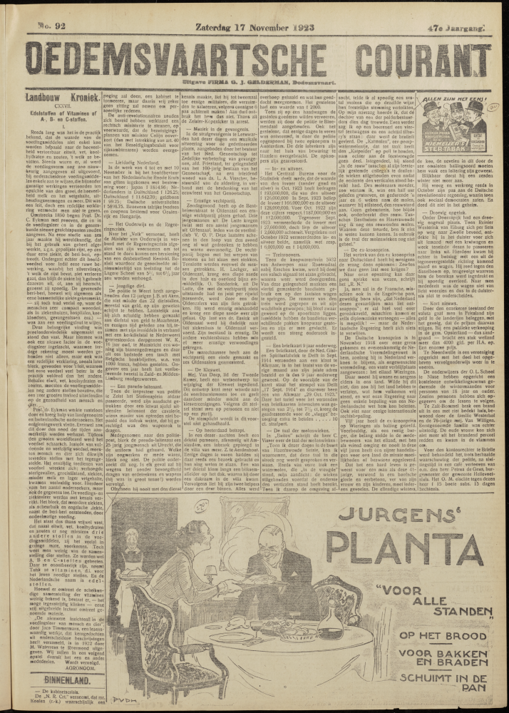 Bekijk detail van "Dedemsvaartsche Courant 17/11/1923 pagina 1 van 6<br xmlns:atlantis="urn:atlantis" />"