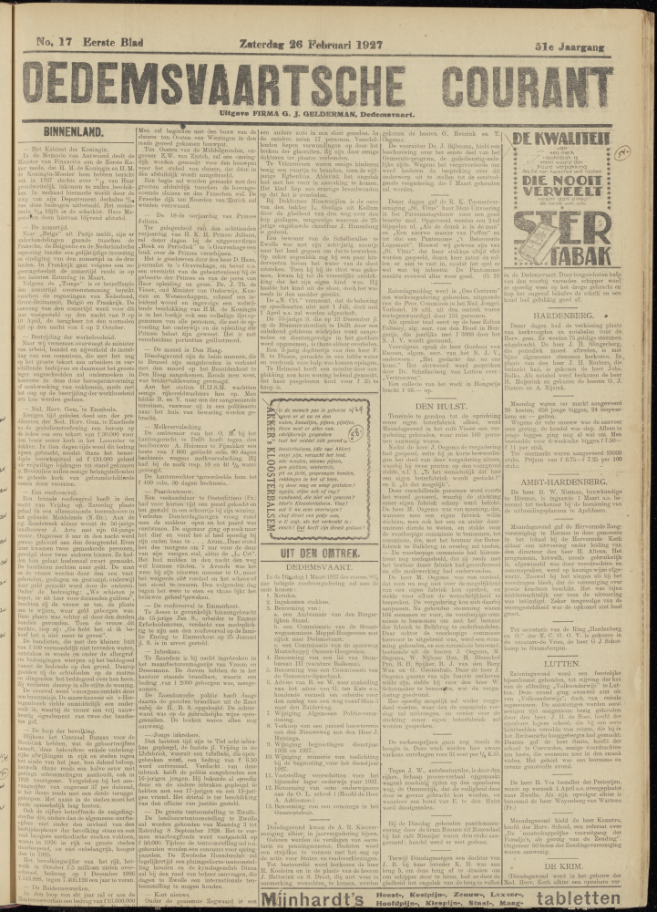 Bekijk detail van "Dedemsvaartsche Courant 26/2/1927 pagina <span class="highlight">1</span> van 8<br xmlns:atlantis="urn:atlantis" />"