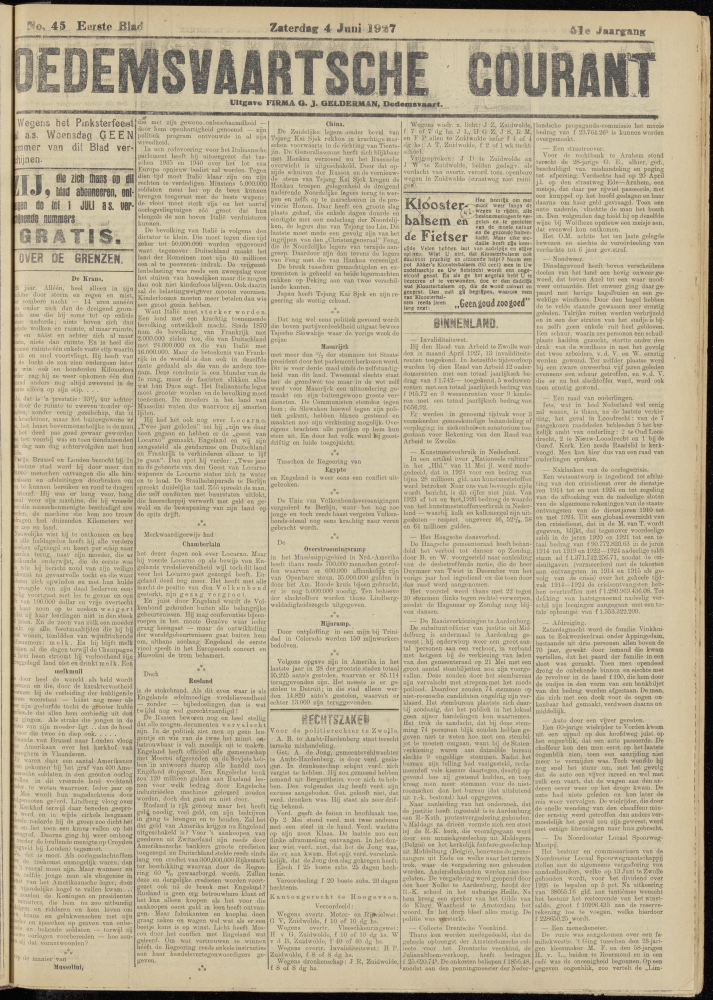 Bekijk detail van "Dedemsvaartsche Courant 4/6/1927 pagina 1 van 8<br xmlns:atlantis="urn:atlantis" />"