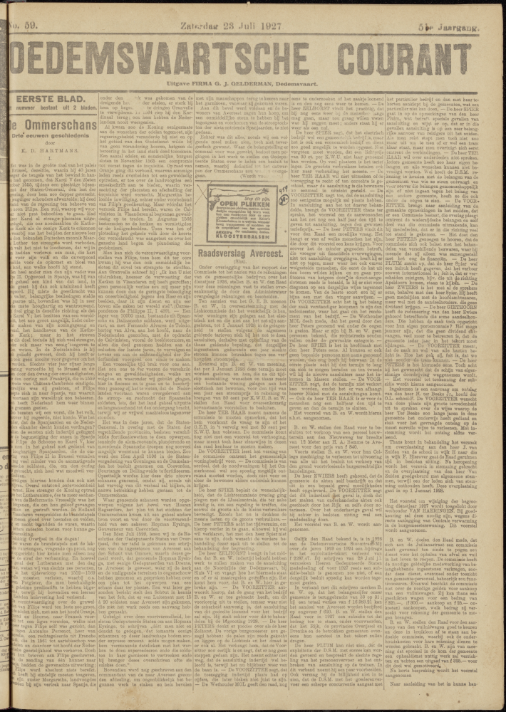 Bekijk detail van "Dedemsvaartsche Courant 23/7/1927 pagina 1 van 8<br xmlns:atlantis="urn:atlantis" />"