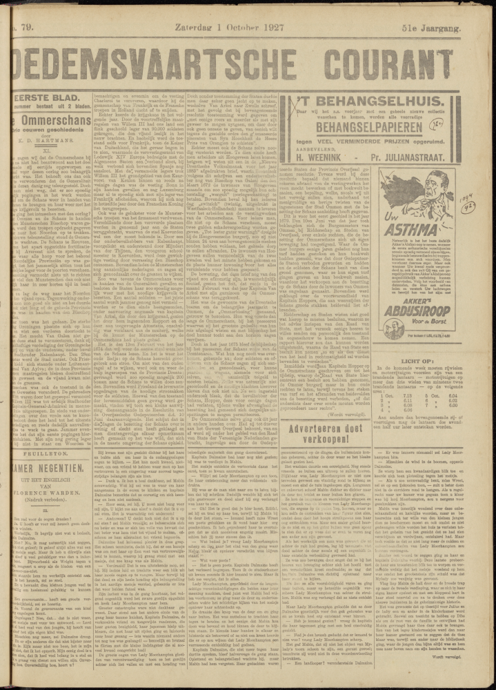 Bekijk detail van "Dedemsvaartsche Courant 1/10/1927 pagina 1 van 8<br xmlns:atlantis="urn:atlantis" />"