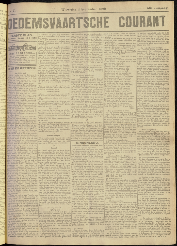 Bekijk detail van "Dedemsvaartsche Courant 4/9/1929 pagina 1 van 8<br xmlns:atlantis="urn:atlantis" />"